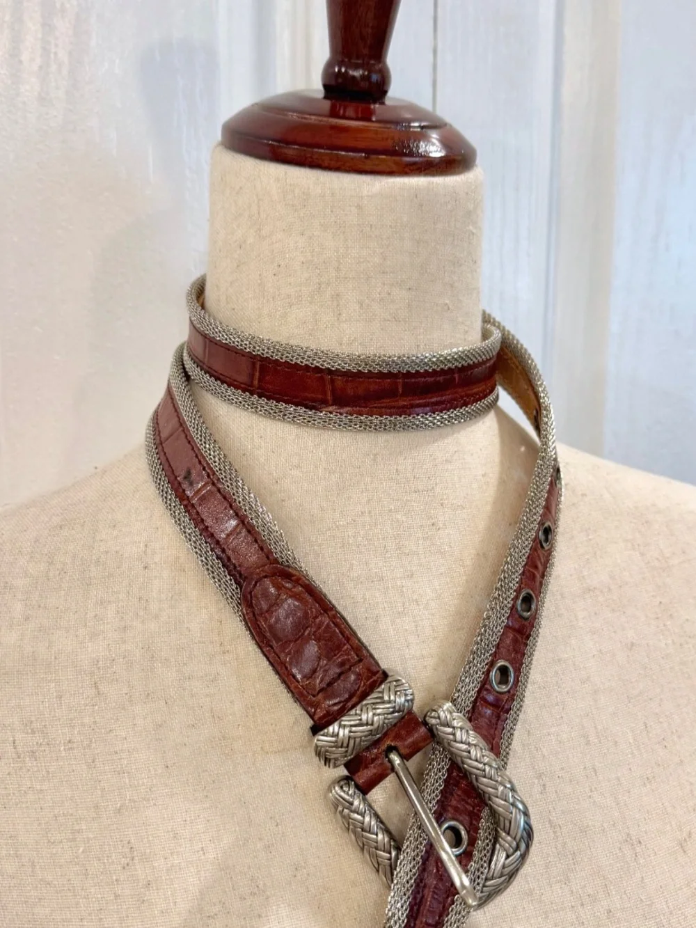 Vintage, Woman's Size Med *High End* Belt, Leather Mock-Croc & Sliver Mesh